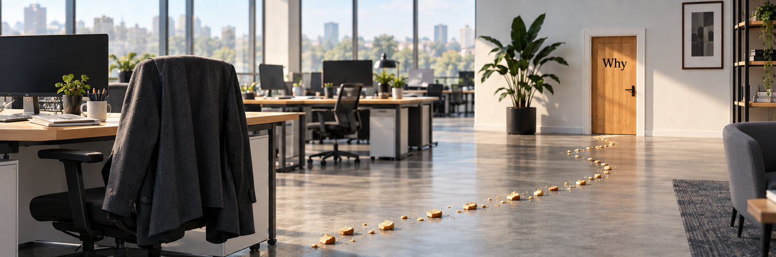 An empty open-plan office with a suit jacket draped over a chair and a trail of bread crumbs across the floor leading to a wooden door marked: Why.