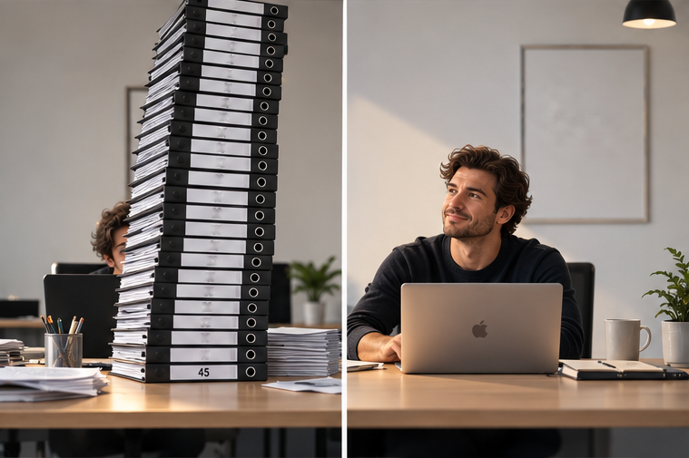 Two panels. On the left, a new employee almost hidden behind a leaning tower of 45 binders. On the right, a person at a clean desk smiling at one open laptop next to a cup of coffee.