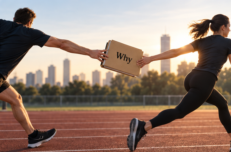 Two runners on a track at sunset passing a thick folder marked Why from one to the other, like a relay baton.