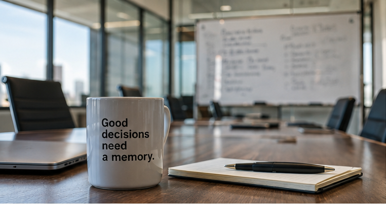 A mug on a conference table that reads: Good decisions need a memory.